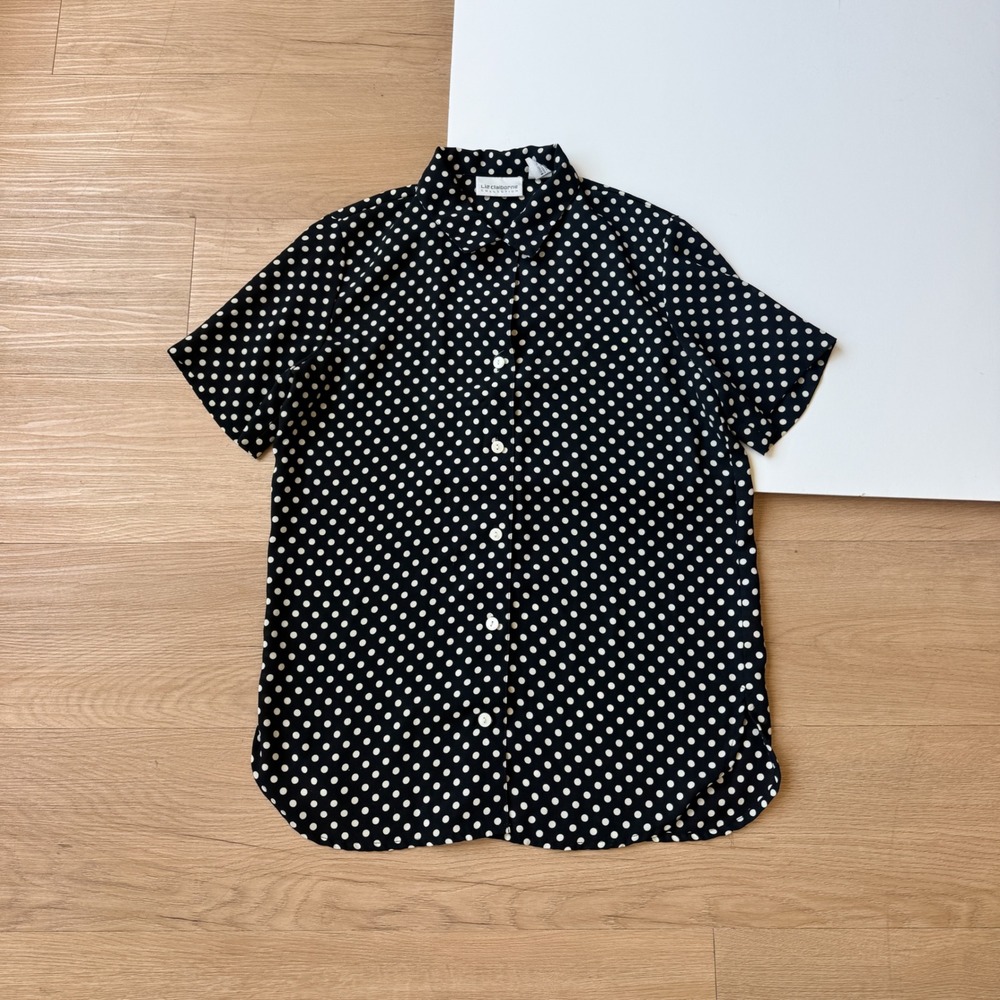 Liz Claiborne Polka Dot Shirt Womens 6 Black White Rayon Short Sleeve Button Up